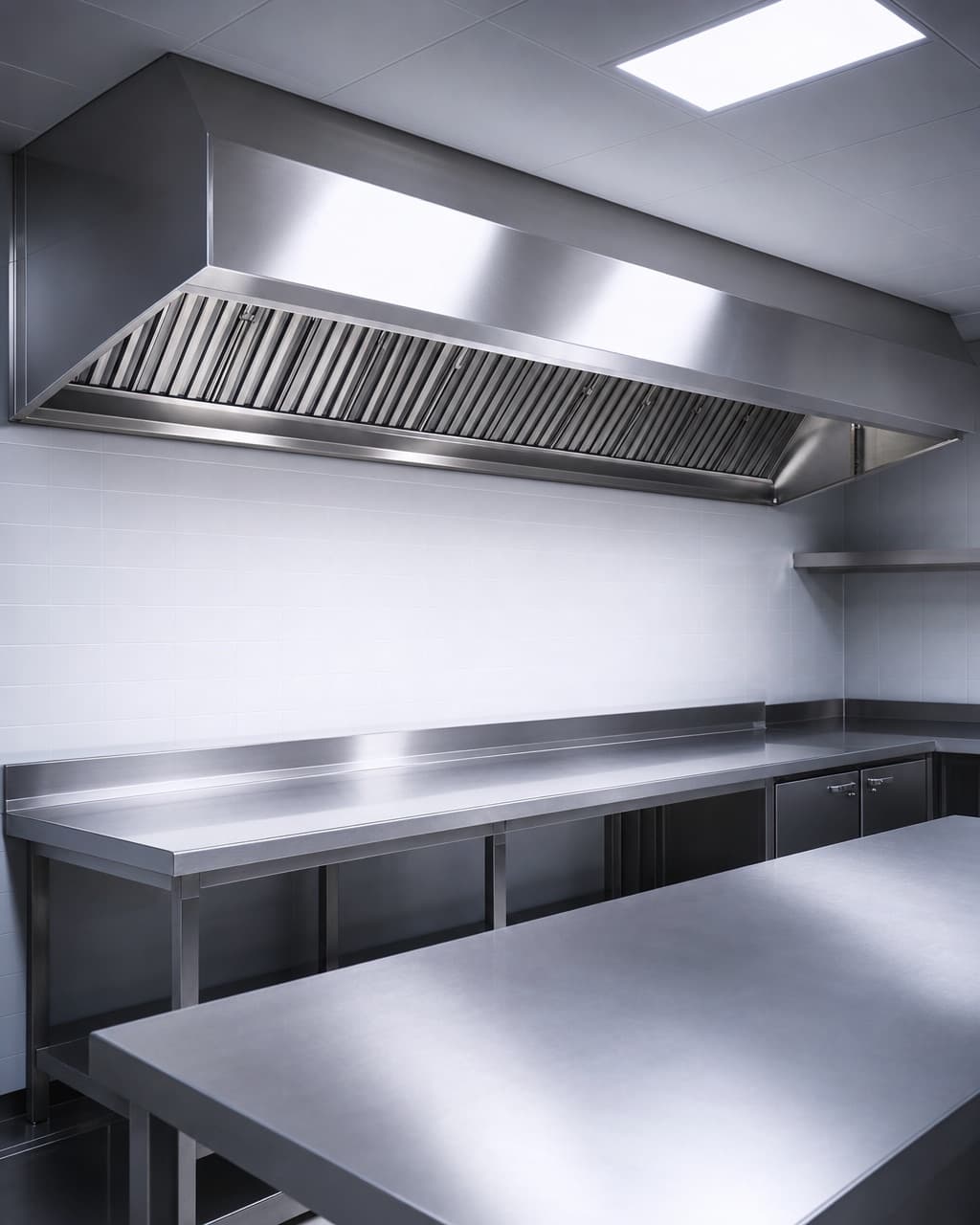 Une hotte inox en cuisine professionnelle vide, filtres à chicane en place et plans de travail dégagés