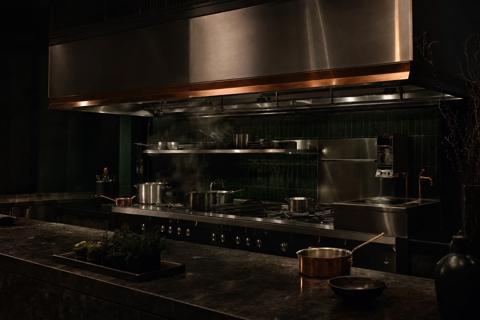 Cuisine professionnelle à l’arrêt, hotte inox au-dessus du piano de cuisson