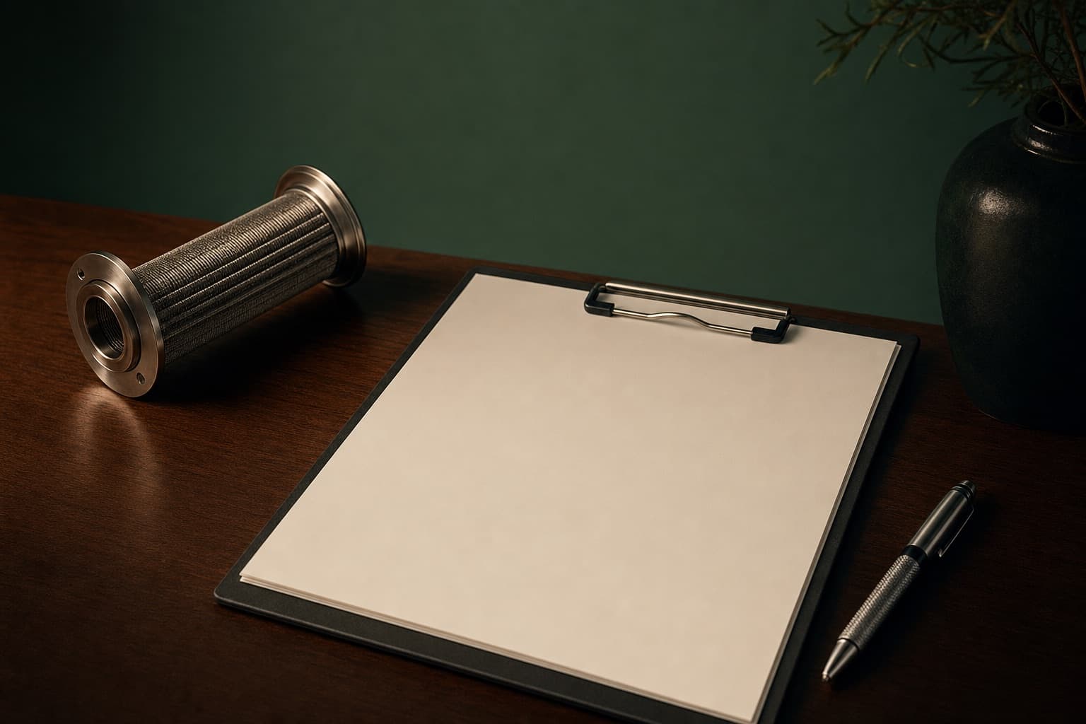 Contrat de service posé sur un bureau sombre, à côté d’une attache de filtre inox