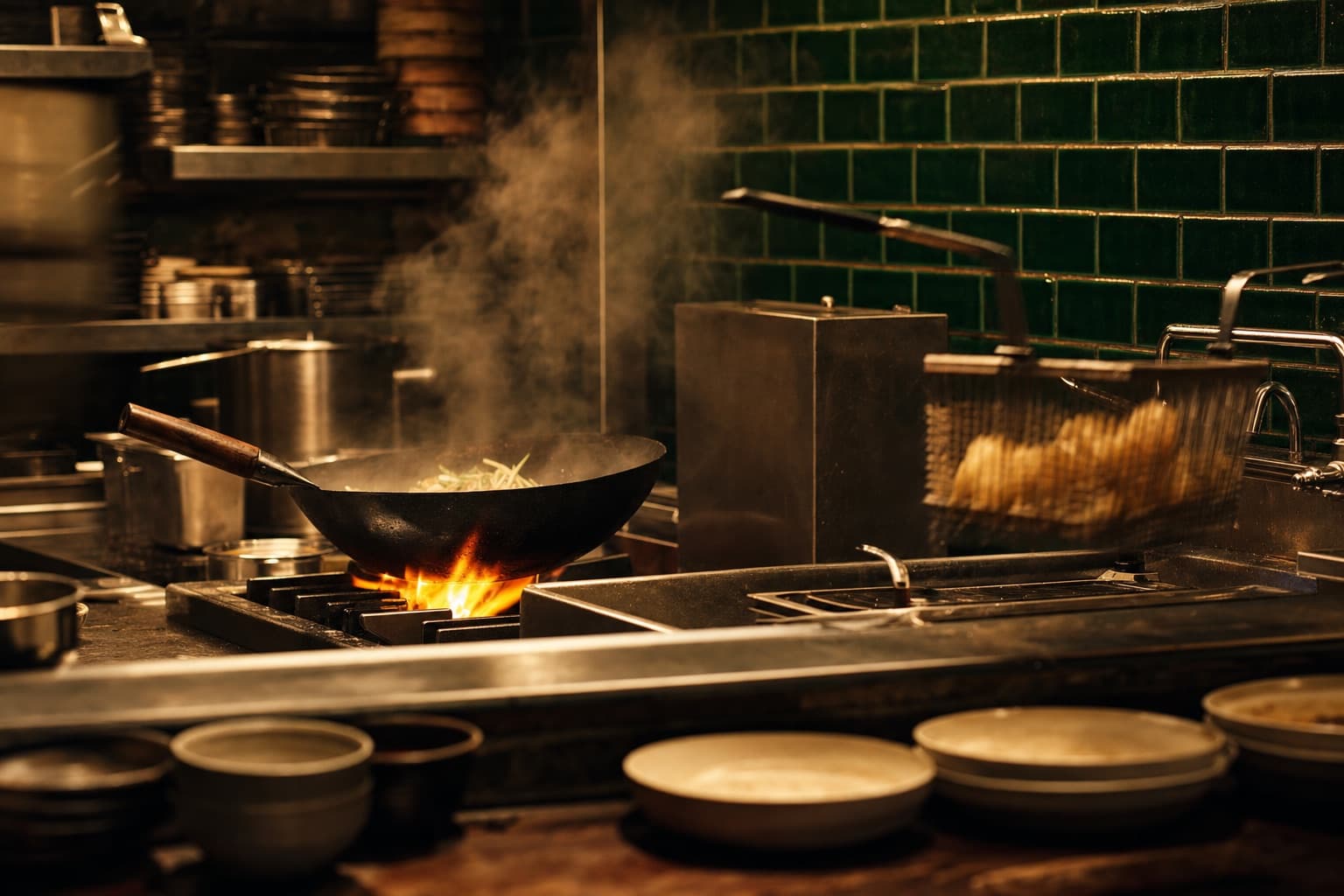 Ligne de cuisson en pleine activité vue du passe, vapeur et flamme
