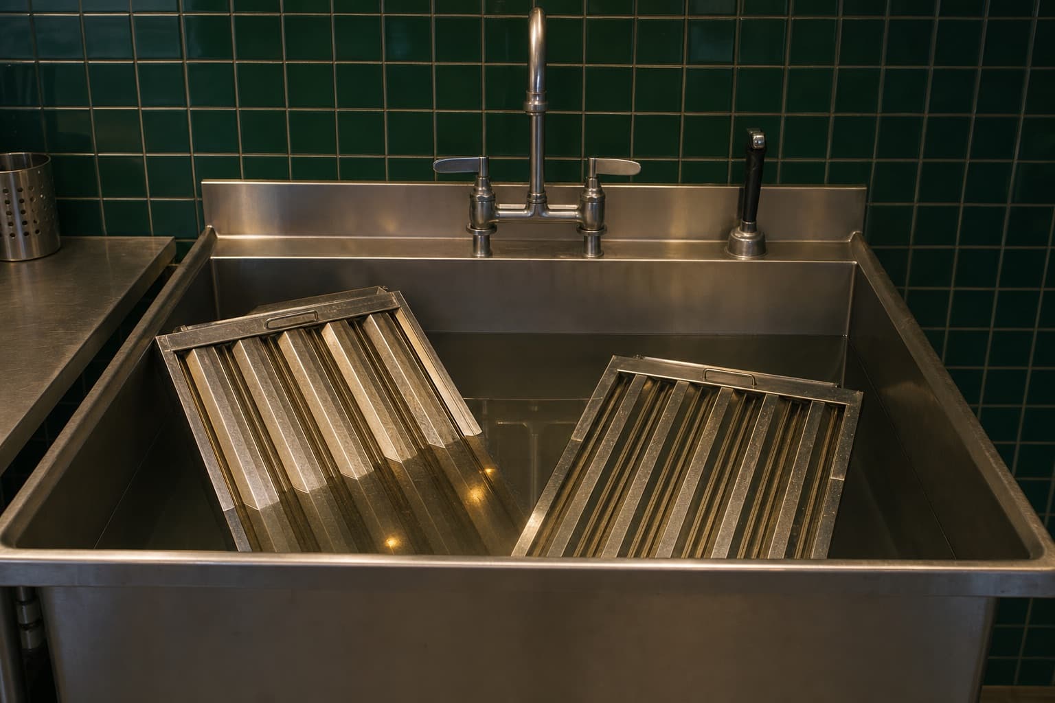 Deux filtres à chocs en trempage dans un évier inox de cuisine professionnelle