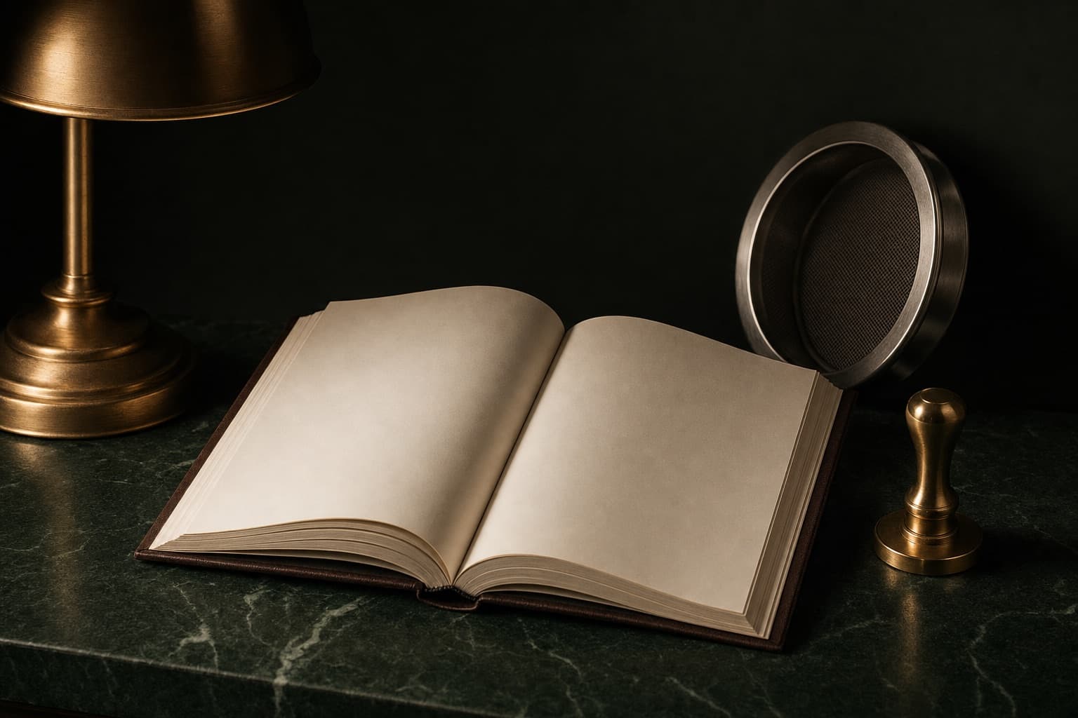 Registre ouvert et filtre à chocs posé derrière, éclairés par une lampe chaude