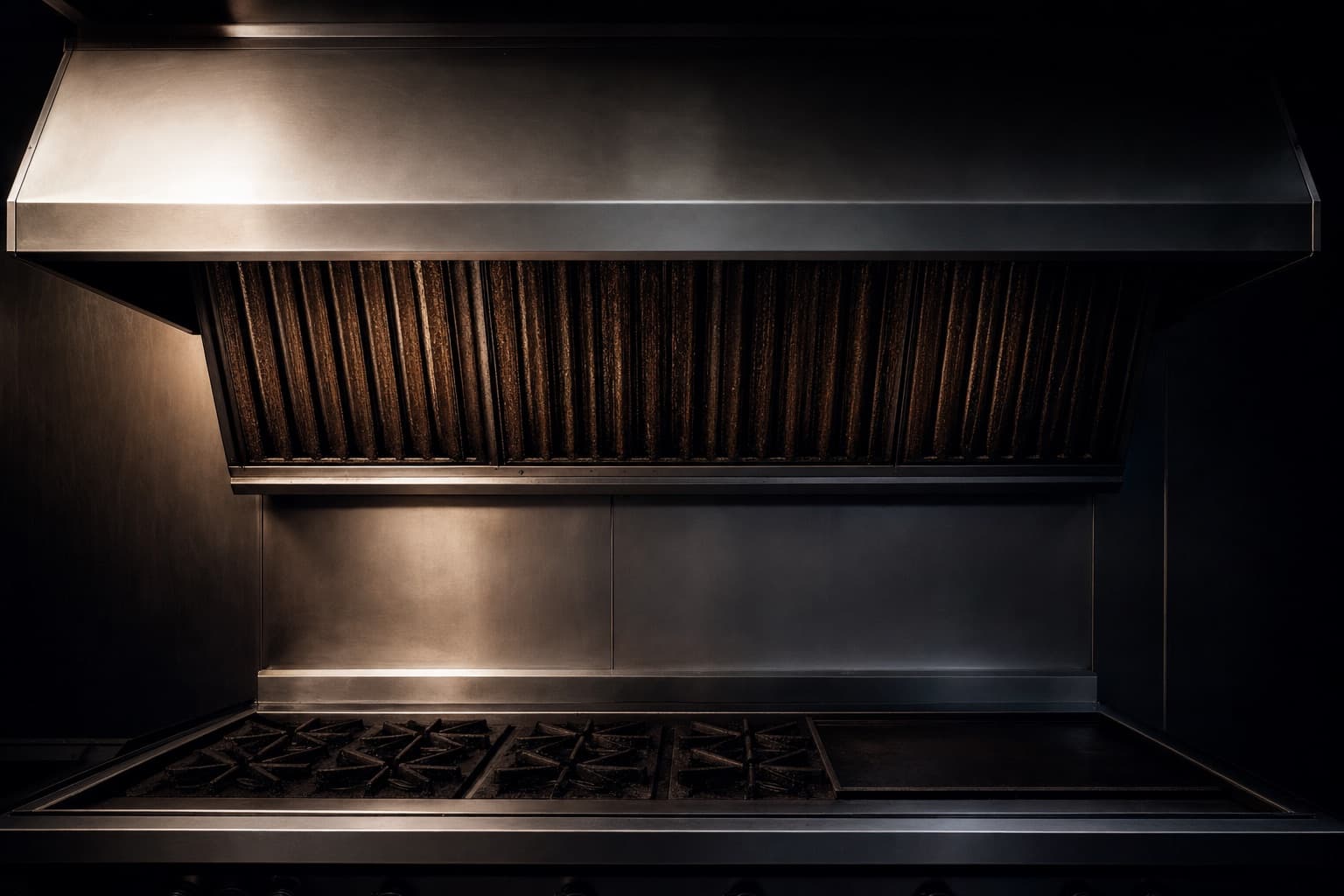 Hotte inox de cuisine professionnelle dont les filtres à chicane sont fortement chargés de graisse