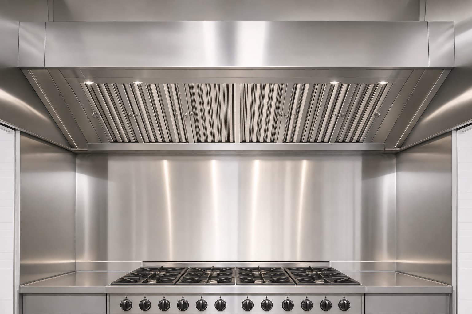 Hotte inox de cuisine professionnelle entièrement nettoyée, inox poli nu et filtres propres reposés