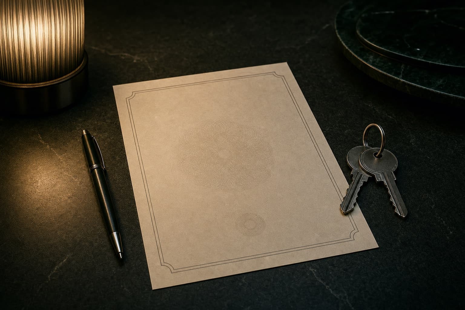 Document vierge posé sur un bureau sombre avec un stylo et un trousseau de clés, sous une lampe chaude