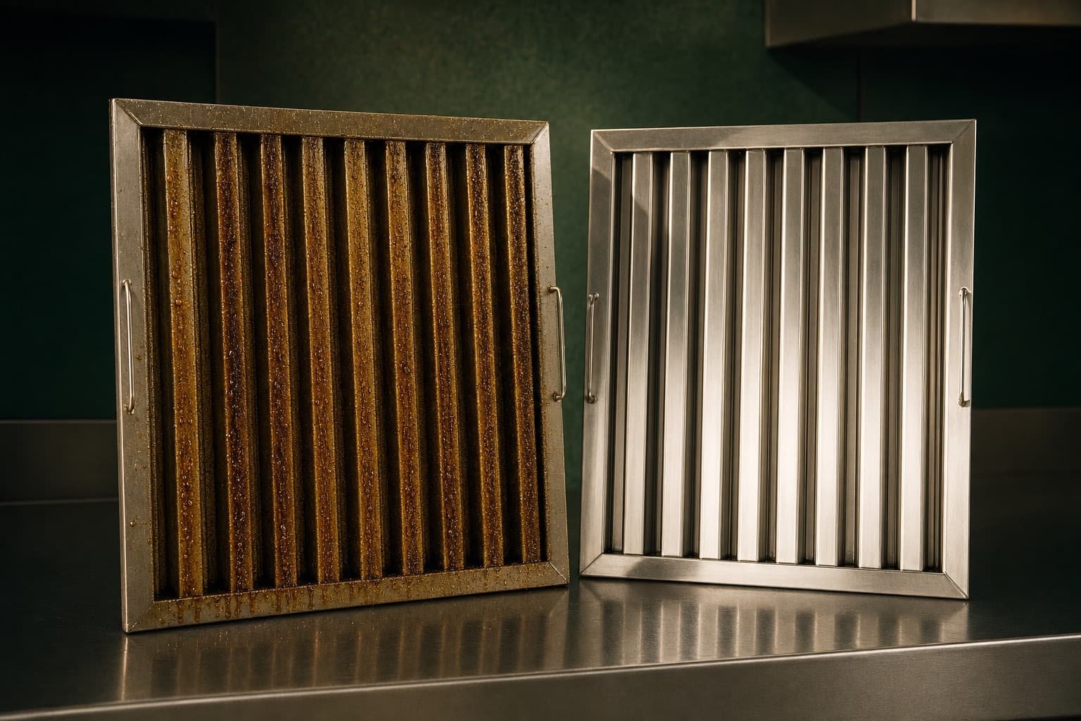 Filtre à chocs encrassé et filtre propre posés côte à côte sur un plan de travail inox