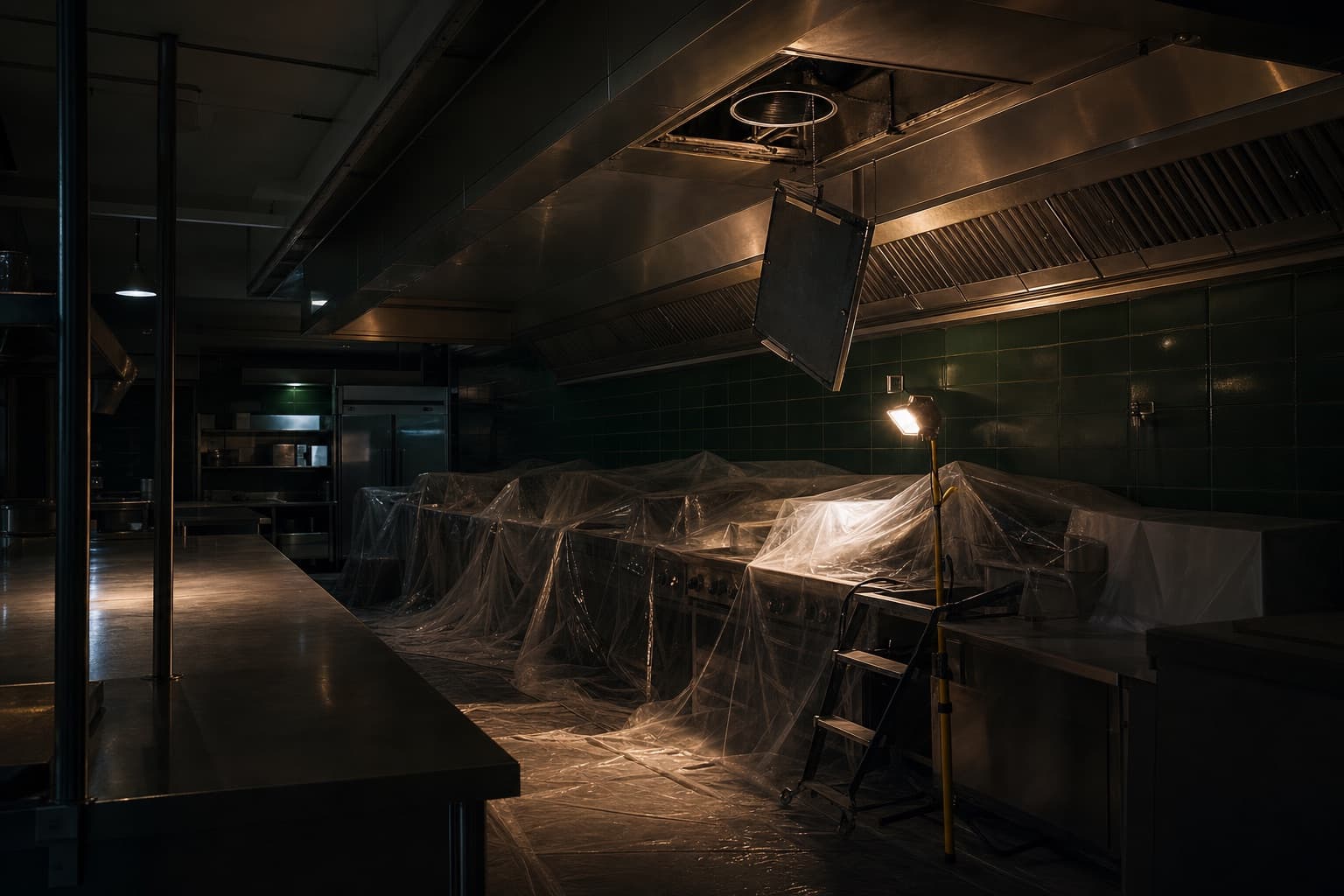 Cuisine professionnelle sous protections plastiques pendant un nettoyage de hotte, filtre déposé et projecteur de chantier